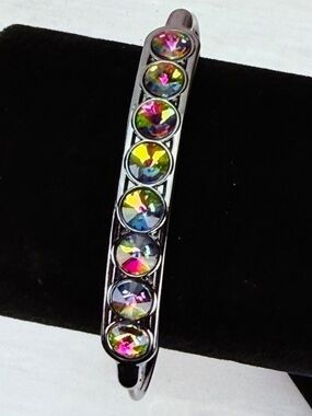 Beautiful iridescent bling, gunmetal tone, costume cuff bracelet